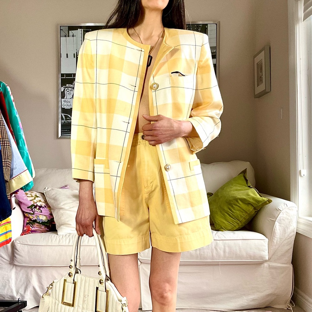 Vintage check blazer with faux pearl and gold buttons